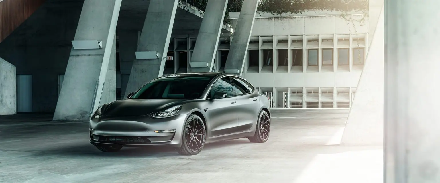 Beautiful Satin Dark Gray Tesla Model 3 On Velgen Wheels
