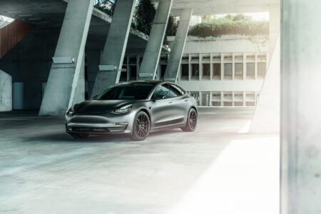Matte Silver Tesla Model 3 On Velgen Wheels