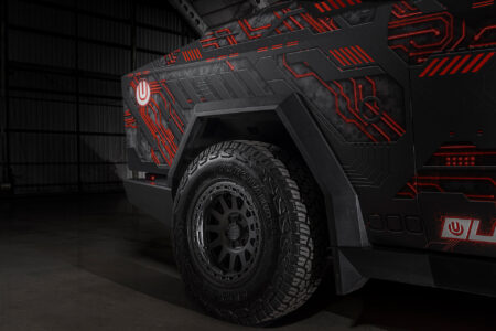 Tesla-Cybertruck-Cyberbeast-custom-wrap-mechanical-silver-red-embossed-wrap-Unplugged-Performance-4K-4